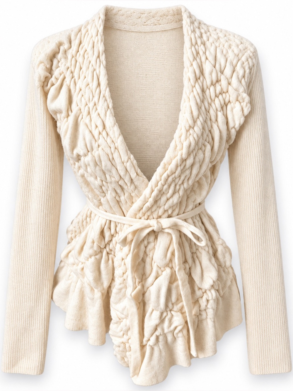 Sparrow Anthropologie Ivory Merino Wool Ruffle Belted Cardig